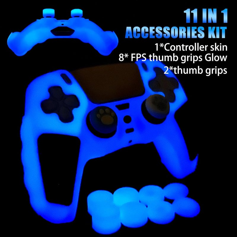 HLRAO Glow in The Dark PS5 Controller Skin,Blue Anti Slip Soft Thicked Studded Silicone Cover Skins Compatible with PS5 Controller,Include 8 PCS Blue Thumb Grips Glow and 2 Cat Paw Grips Accessories. - Image 2